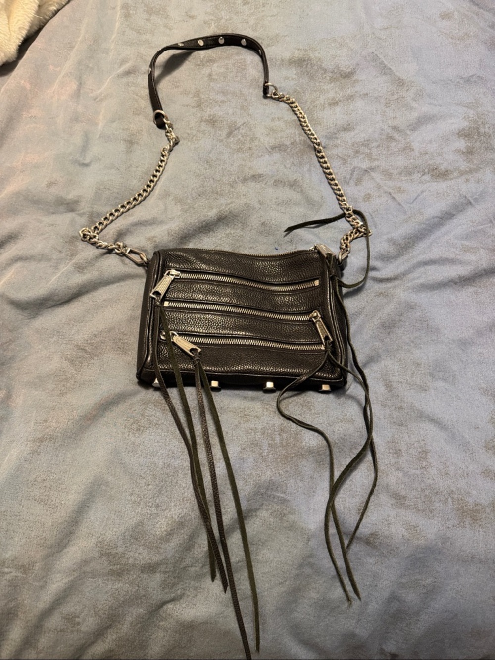 Black Leather Crossbody Bag with Chain Strap and Tassel Zippers